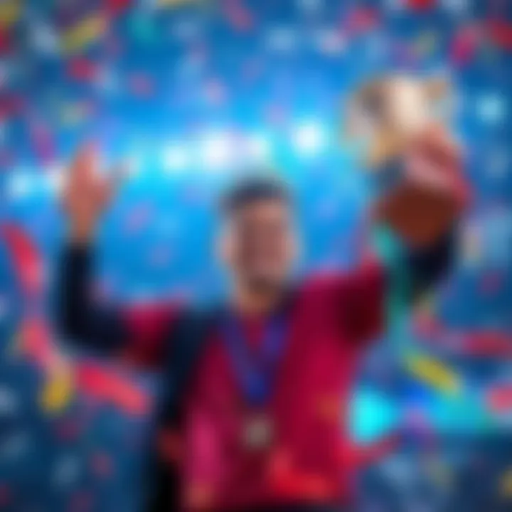 A person holding a trophy with a big smile, surrounded by confetti, celebrating their achievement in a competition.