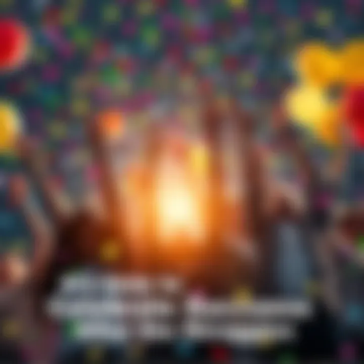 A diverse group of people joyfully celebrating with arms raised, surrounded by colorful confetti and balloons, symbolizing triumph and resilience.