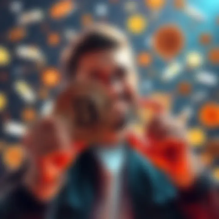 A person holding a Bitcoin, smiling and celebrating their achievement of owning 1 BTC, surrounded by digital currency symbols.