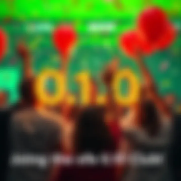 A group of people celebrating together with confetti and balloons, showcasing their excitement for reaching a milestone