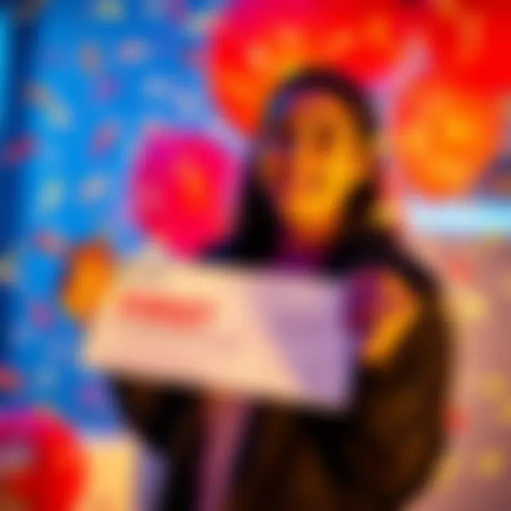 Celebration of First Payment A person smiling, holding their first payment check in celebration, surrounded by confetti and balloons.