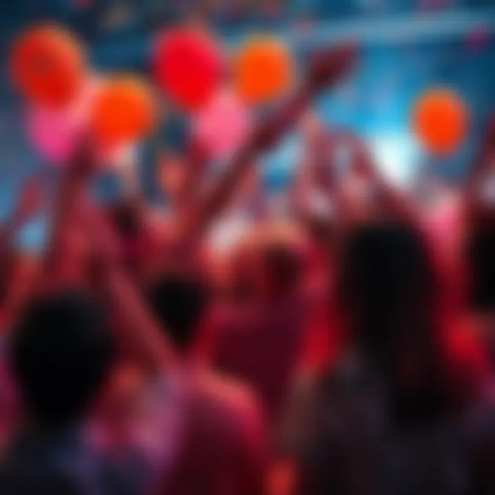 People celebrating with balloons and confetti after overcoming challenges.
