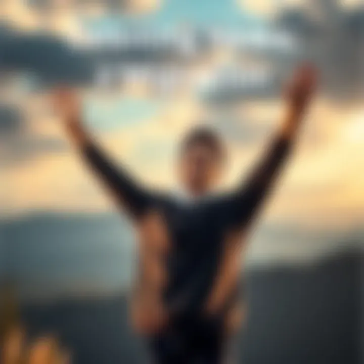 A person joyfully celebrating their second migration milestone with a big smile and raised arms in front of a scenic background.