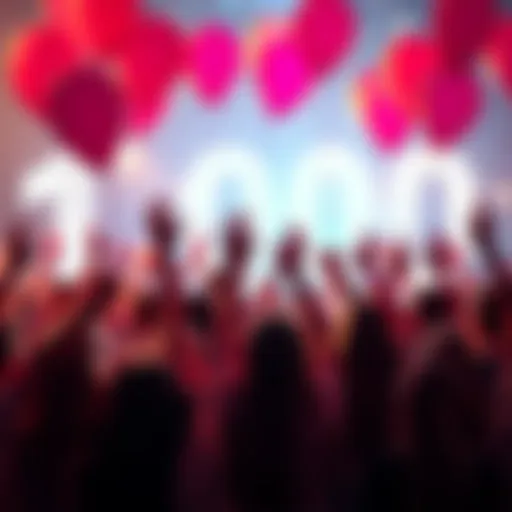 A group of people cheering and holding balloons in celebration of reaching a milestone of 1000