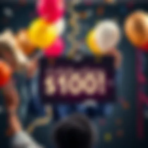 A joyful person holding a festive sign that says 'Celebrating $100!' with balloons and confetti around them.