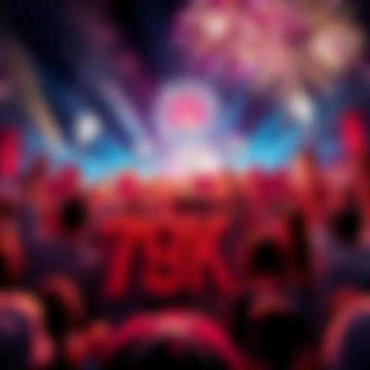 Crowd celebrating with signs saying 'diamond hands' and fireworks in the background