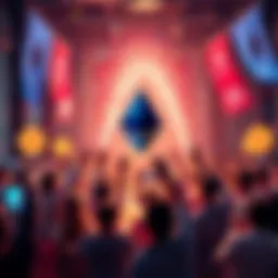 People celebrating Ethereum's milestones with banners and confetti in a festive atmosphere