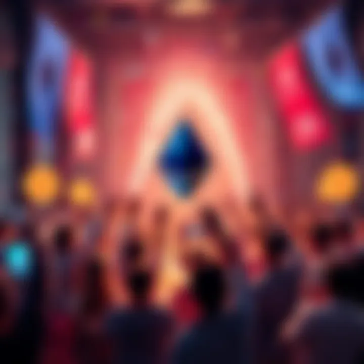Celebration of Ethereum Progress People celebrating Ethereum's milestones with banners and confetti in a festive atmosphere