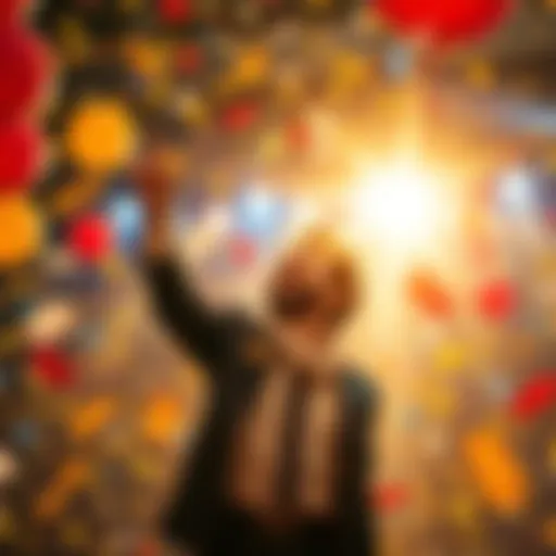 A person happily celebrating their achievement with confetti and balloons in the air, symbolizing joy and accomplishment.