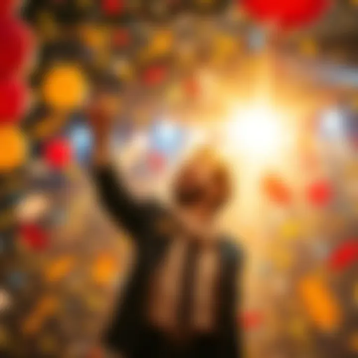 A person happily celebrating their achievement with confetti and balloons in the air, symbolizing joy and accomplishment.