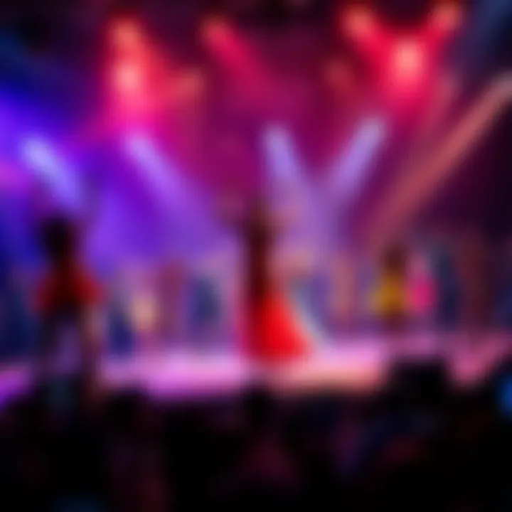 Celebration Stage with Performers Performers in colorful outfits on stage during the vibrant 8-year celebration, showcasing drama and style.