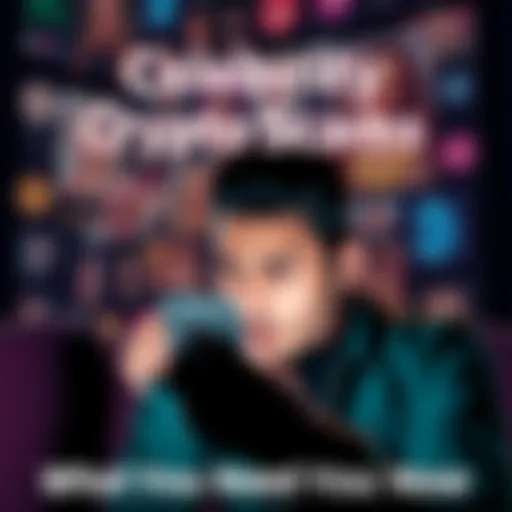 A person looking worried while checking their phone with celebrity images and crypto symbols in the background.