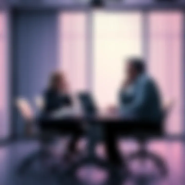 CEO and CTO looking worried at a table with papers and a laptop, discussing theft allegations