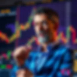 A CEO speaking about Bitcoin's price strategy in front of a financial chart showing ranges between $8,000 and $10,000.