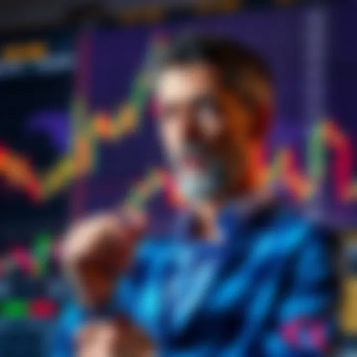 CEO Discussing Bitcoin Strategy A CEO speaking about Bitcoin's price strategy in front of a financial chart showing ranges between $8,000 and $10,000.