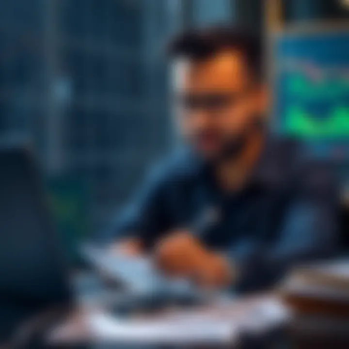 Rajat, a CFA, analyzing investment charts with a focused expression, surrounded by financial documents and a laptop displaying stock data related to STRC.