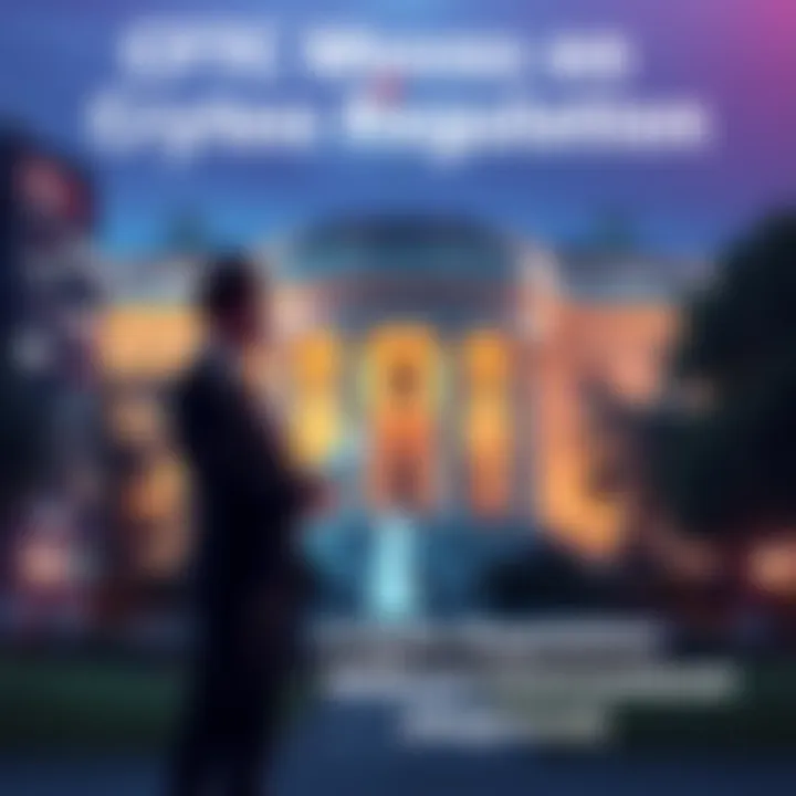 An official stands before a building representing the White House, discussing crypto regulations with a document in hand.