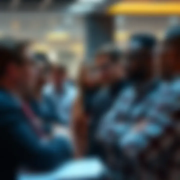 A group of diverse people interacting and engaging in discussions about new ideas and innovations.