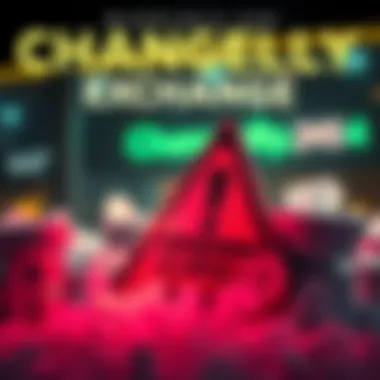 A graphic showing a warning sign and frozen currency symbols, highlighting issues with Changelly exchange practices