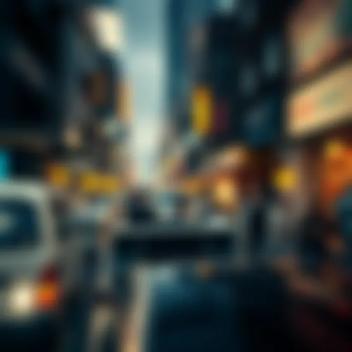 A busy city street showing people engaged in various activities, highlighting the hectic pace of modern life.
