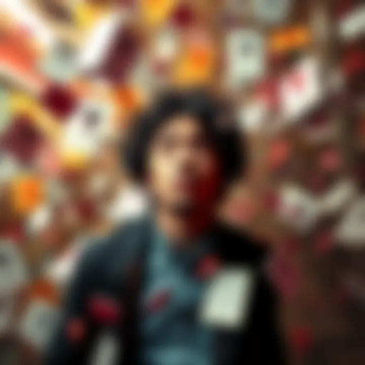 An overwhelmed person surrounded by floating survey forms and question marks, symbolizing the confusion and chaos of modern surveys.