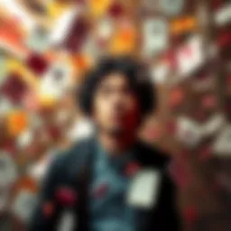 Chaos of Surveys An overwhelmed person surrounded by floating survey forms and question marks, symbolizing the confusion and chaos of modern surveys.