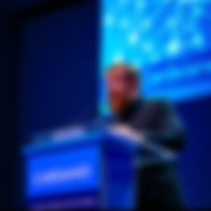 Charles Hoskinson at a podium discussing the global impact of Cardano blockchain technology