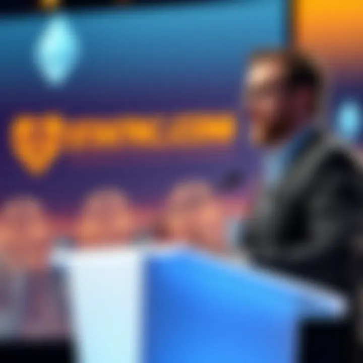 Charles Hoskinson Discussing Ethereum Charles Hoskinson sharing insights on Ethereum's challenges and future at a podium with graphics in the background.
