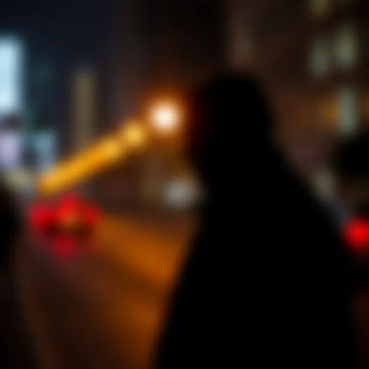 A shadowy figure representing Charles Adkins, symbolizing his absence from public life, with a blurred background of city lights