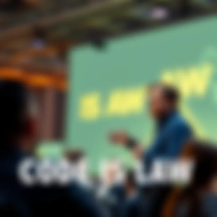 Charles Hoskinson speaking about the concept of 'Code is Law' in blockchain technology, addressing a group of people at a conference