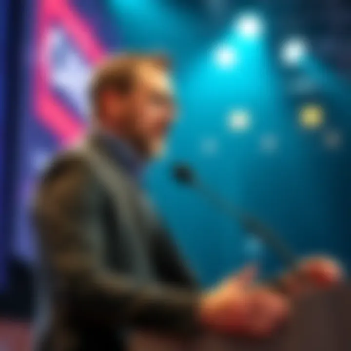 Charles Hoskinson giving a speech about Cardano on stage with a microphone, expressing concern