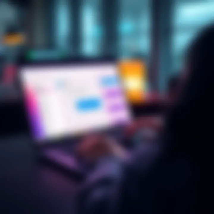 A person using a laptop with an email client open, showing chat functionality on the screen