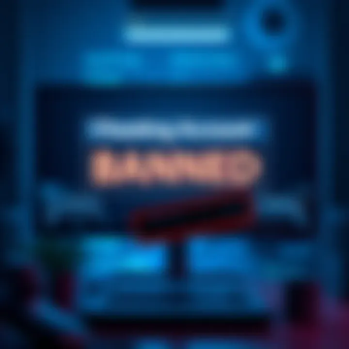 A depiction of a gaming screen showing a banned account message with virtual currency disappearing, symbolizing the impact of cheating in games.