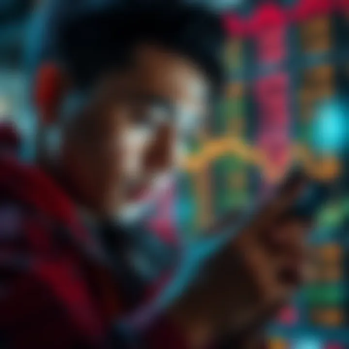 Individual looking at a smartphone displaying Bitcoin prices with a focused expression