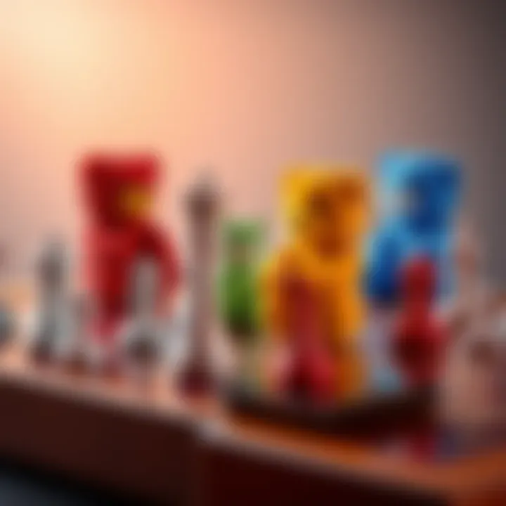 A chessboard featuring colorful teddy bear figures as pieces, showcasing a playful game setup.