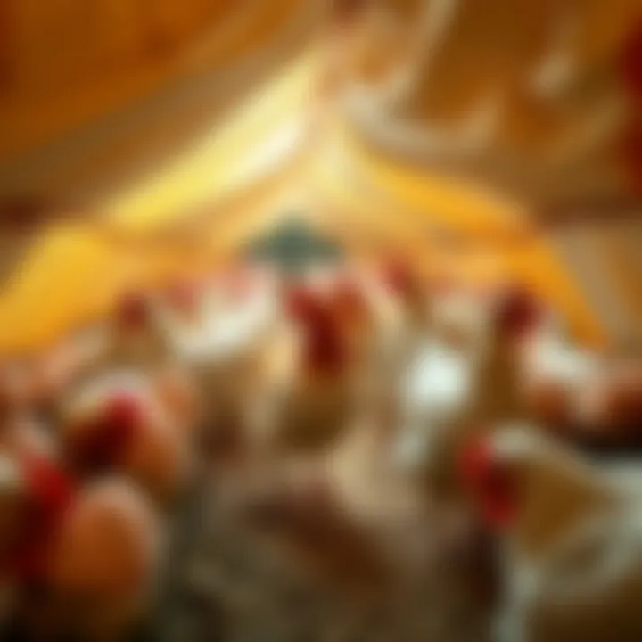 Chickens laying eggs in a farm Chickens in a polytarp tunnel producing eggs at CraigGPT research farm under a messy setting