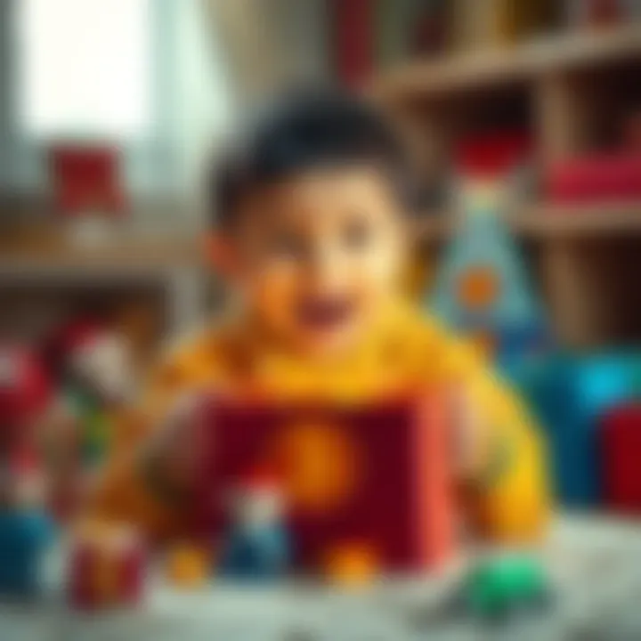 A child excitedly opening a gift box with a Bitcoin symbol inside, surrounded by traditional toys.