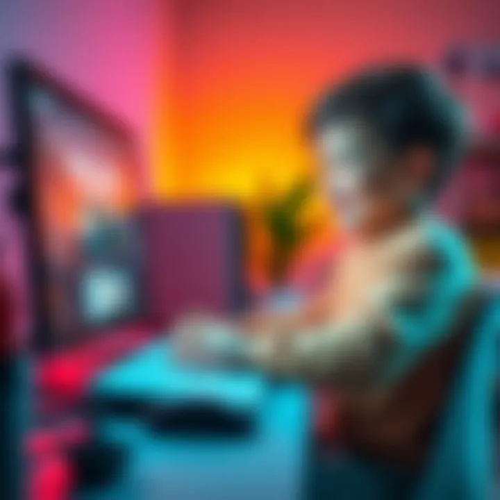 A child happily working on a computer to create a colorful website with fun themes and designs.