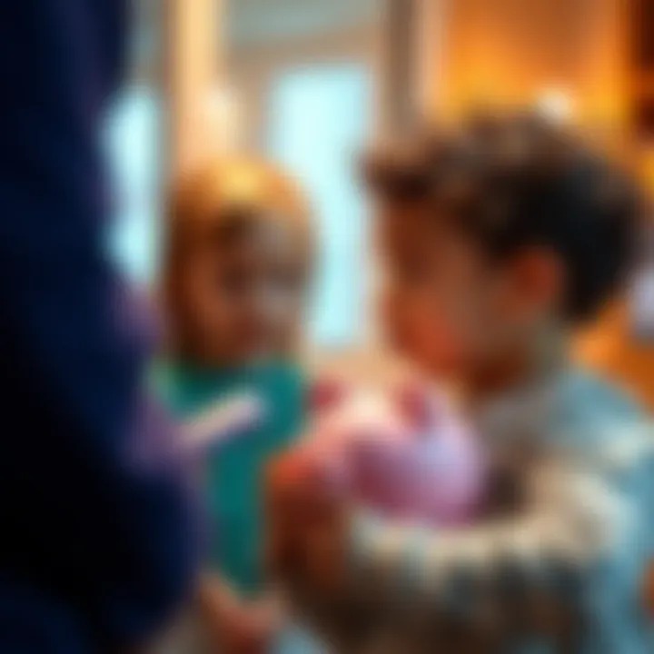 A child holding a piggy bank while an adult discusses bank options nearby