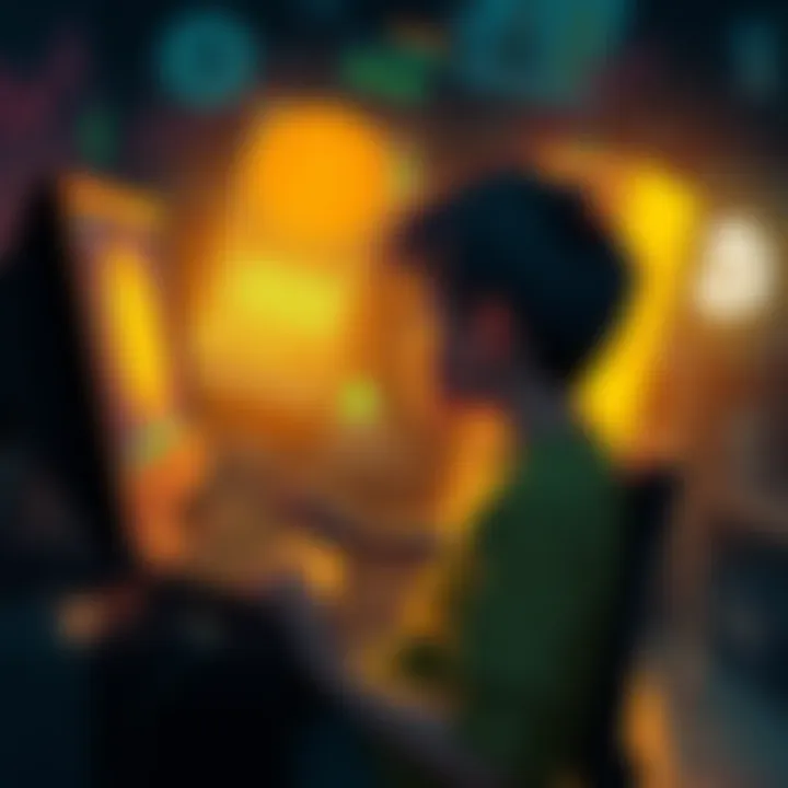 A nostalgic scene of a child sitting at a computer, exploring Bitcoin mining and online surveys, with crypto-related graphics in the background.