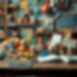 A collection of nostalgic childhood items like toys, books, and trinkets laid out on a wooden table, evoking warm memories and joy.
