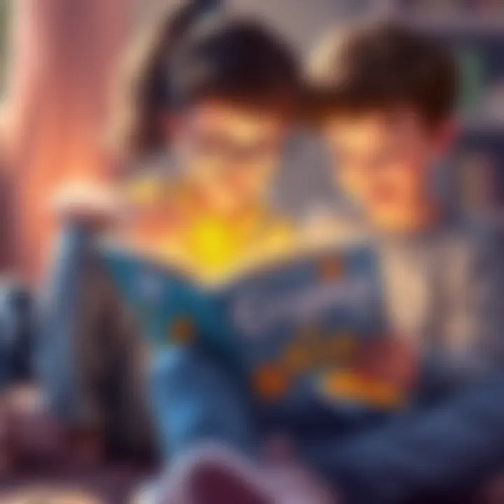 Two kids sitting together, reading the book 'Crypto for Kids' with illustrations of Bitcoin and money concepts, smiling and engaged