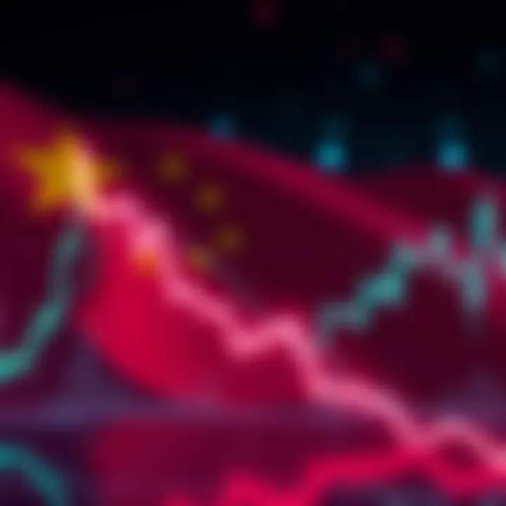 A chart showing a downward trend in cryptocurrency values with a China flag in the background