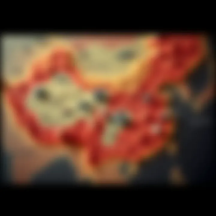 A map of China highlighting historical regions and cultural elements, showcasing the country's past and present challenges
