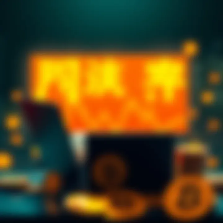 A person working on a laptop, translating cryptocurrency materials from English to Chinese, with crypto symbols around.