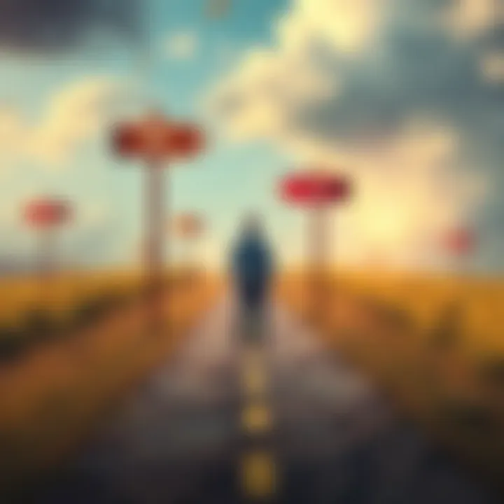 A person standing at a crossroads with signs A, B, and C pointing in different directions, contemplating which path to take.