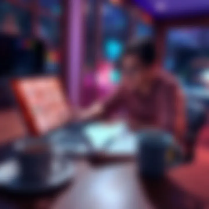 A marketing intern researching different content management systems on a laptop with notes and coffee nearby.