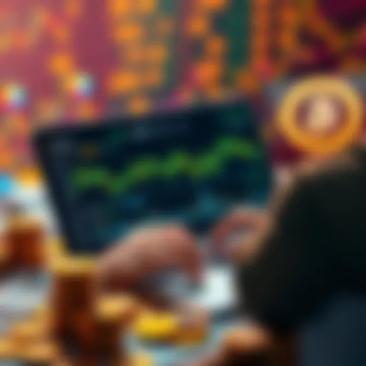 A person analyzing cryptocurrency charts and data on a laptop, surrounded by coins and notes, contemplating investment decisions.