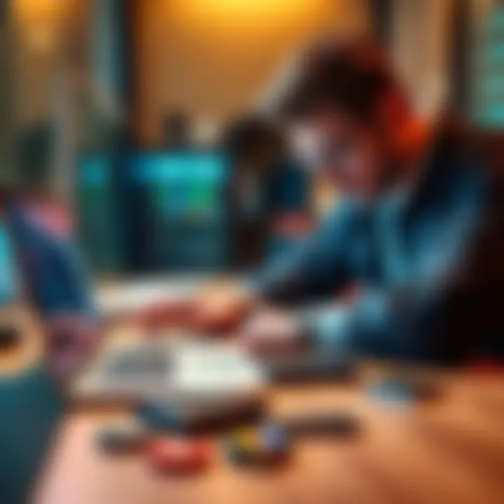 A person examining different hardware wallets on a table with a laptop open, focusing on security for cryptocurrency