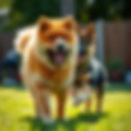 A five-month-old Chow Chow and German Shepherd mix playing in a sunny backyard, showcasing its fluffy coat and playful demeanor.